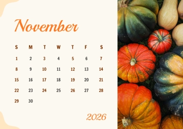 Free November 2026 Harvest Calendar Template to Edit Online