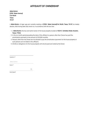 Sample Affidavit of Ownership Template