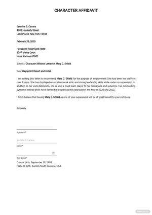 Character Affidavit Letter