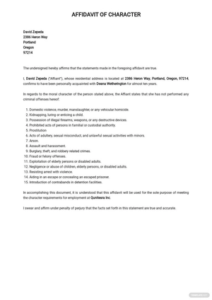 Affidavit of Character Template