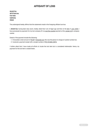 Payment for Affidavit of Loss Template