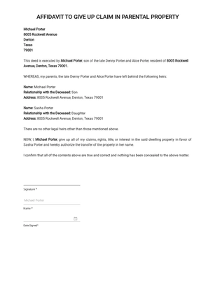 Affidavit to Give Up Claim in Parental Property Template