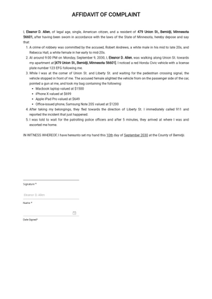 Example of Affidavit of Complaint Template