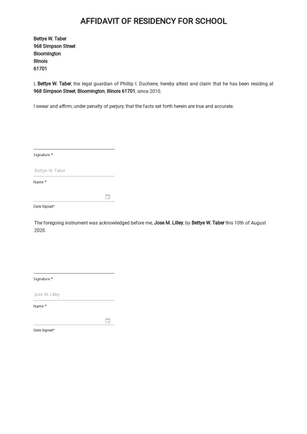 Affidavit of Residency for School Template