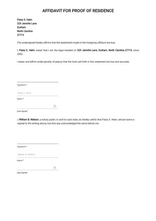Example of Affidavit for Proof of Residence Template