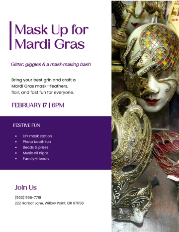 Free Fun Mardi Gras Mask Flyer Template to Edit Online
