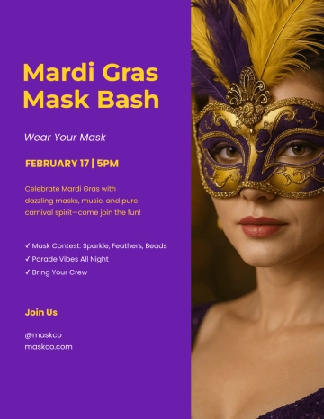 Free Vibrant Mardi Gras Mask Flyer Template to Edit Online