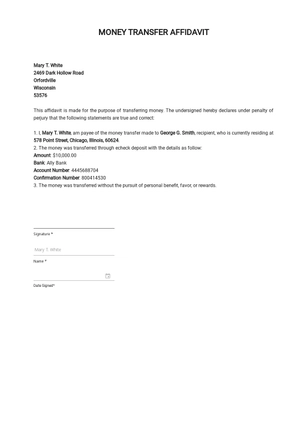 Money Transfer Affidavit Template