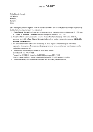 Sample Affidavit of Gift Template