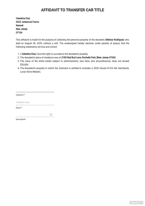 Affidavit to Transfer Car Title Template