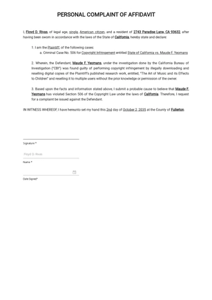 Personal Complaint of Affidavit Template