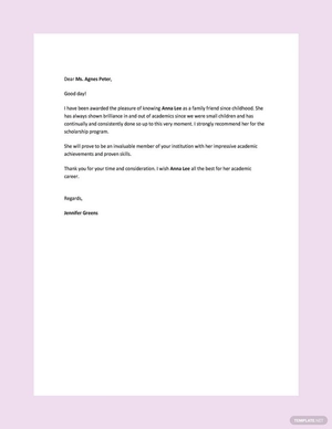 Recommendation Letter for Scholarship from Family Friend