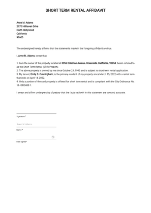 Short Term Rental Affidavit Template