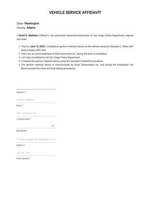 Vehicle Service Affidavit Template