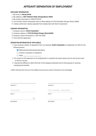 Affidavit Of Separation Of Employment Template
