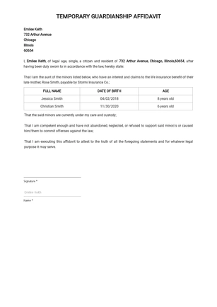Temporary Guardianship Affidavit Template