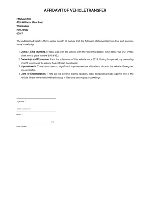 Affidavit of Vehicle Transfer Template