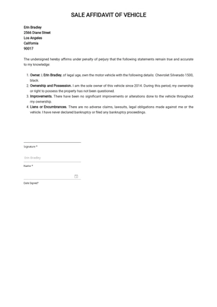 Sale Affidavit of Vehicle Template