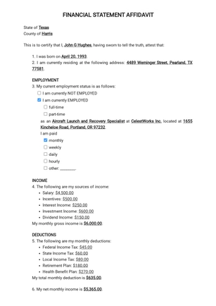 Financial Statement Affidavit Template