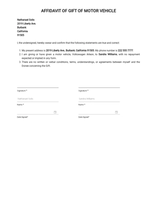 Affidavit of Gift of Motor Vehicle Template