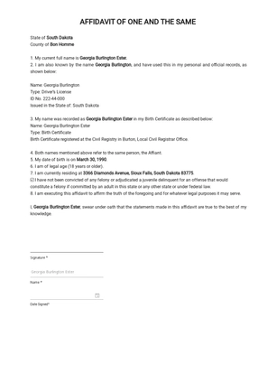 Affidavit of One and the Same Template