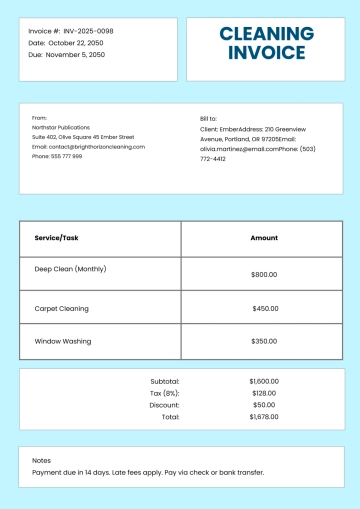 Free Cleaning Service Invoice Template to Edit Online