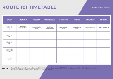 Free Bus Timetable Template to Edit Online