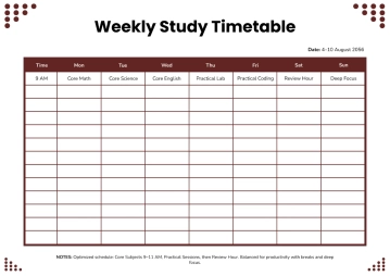 Free Monday to Sunday Timetable Template to Edit Online