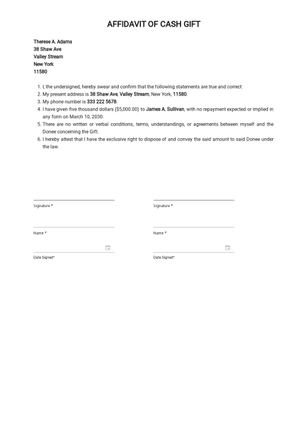 Affidavit of Cash Gift Template