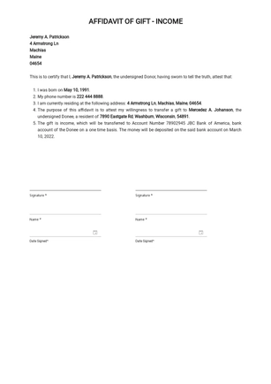 Affidavit of Gift ï¿½ Income Template