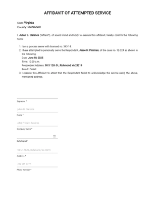Affidavit of Attempted Service Template