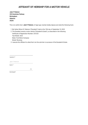 Affidavit of Vehicle Example Template