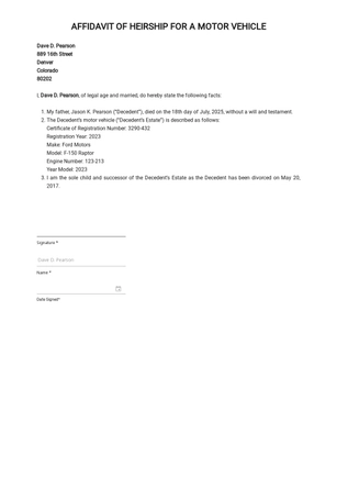 Sample Affidavit of Vehicle Template
