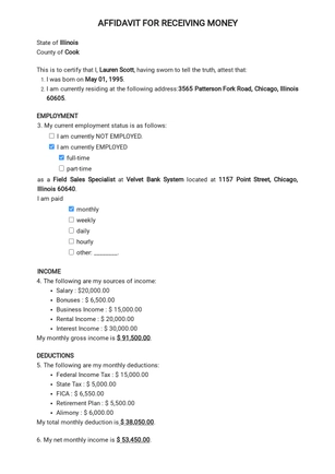 Affidavit for Receiving Money Template