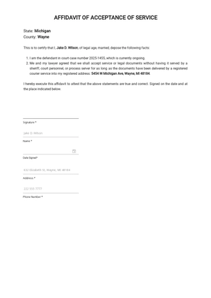 Affidavit of Acceptance of Service Template