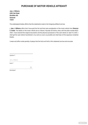 Affidavit Purchase of Motor Vehicle Template