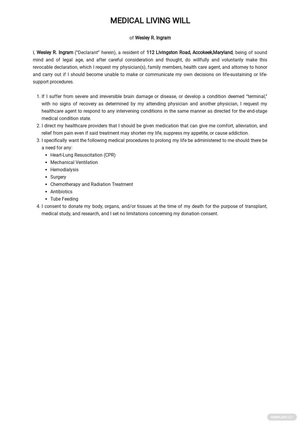 Medical Living Will Form Template
