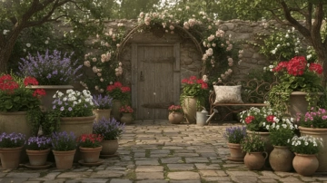 Free Rustic Courtyard with Flower Pots Photography Background Template to Edit Online