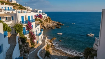 Free Coastal White Houses Blue Sea Photography Background Template to Edit Online