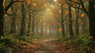Free Autumn Forest Path with Falling Leaves Photography Background Template to Edit Online