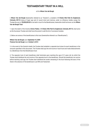 Testamentary Trust In A Will Sample Template