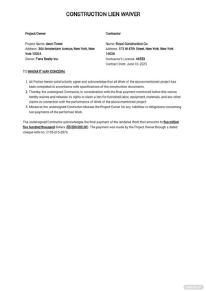 Sample Construction Waiver Template