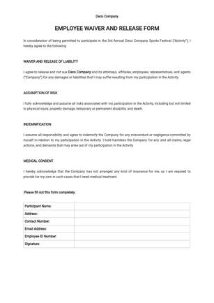 Employee Waiver and Release Form Template