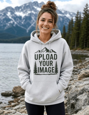 Free Smiling Woman Outdoors with Pullover Hoodie Mockup Template to Edit Online