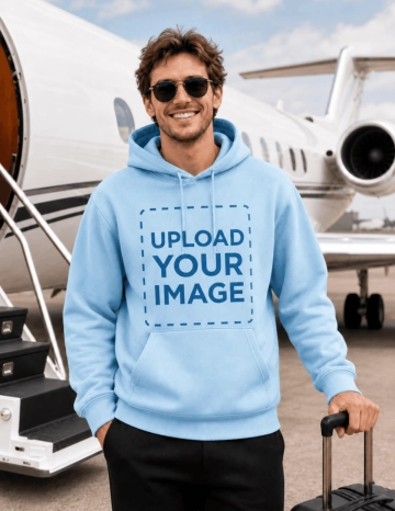 Free Happy Man at an Airport Hoodie Mockup Template to Edit Online