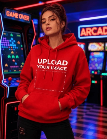 Free Girl Standing in an Arcade Hoodie Mockup Template to Edit Online