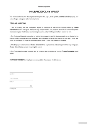 Insurance Policy Waiver Template