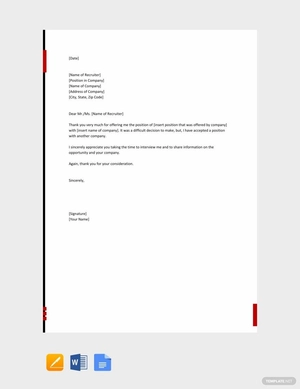 Polite Rejection Letter for Job Offer Template