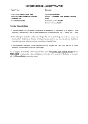 Construction Liability Waiver Form Template