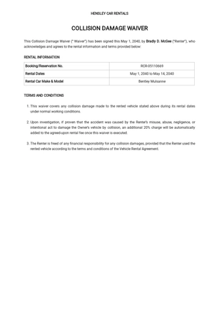 Collision Damage Waiver Template